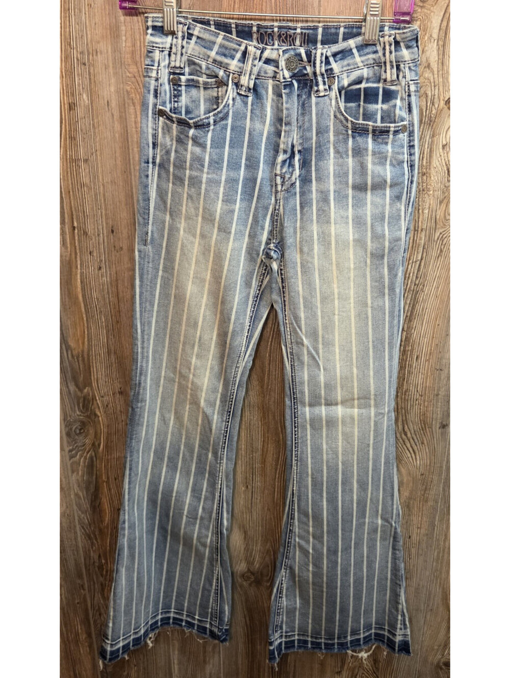Rock & Roll Cowgirl Denim Jeans Women 24X32 High Rise Flare Stripe Bell Bottoms